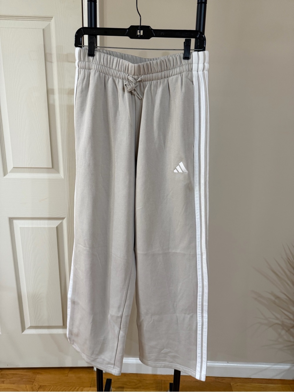 Adidas Women’s Wide Leg Beige Track Pants with White Stripes
